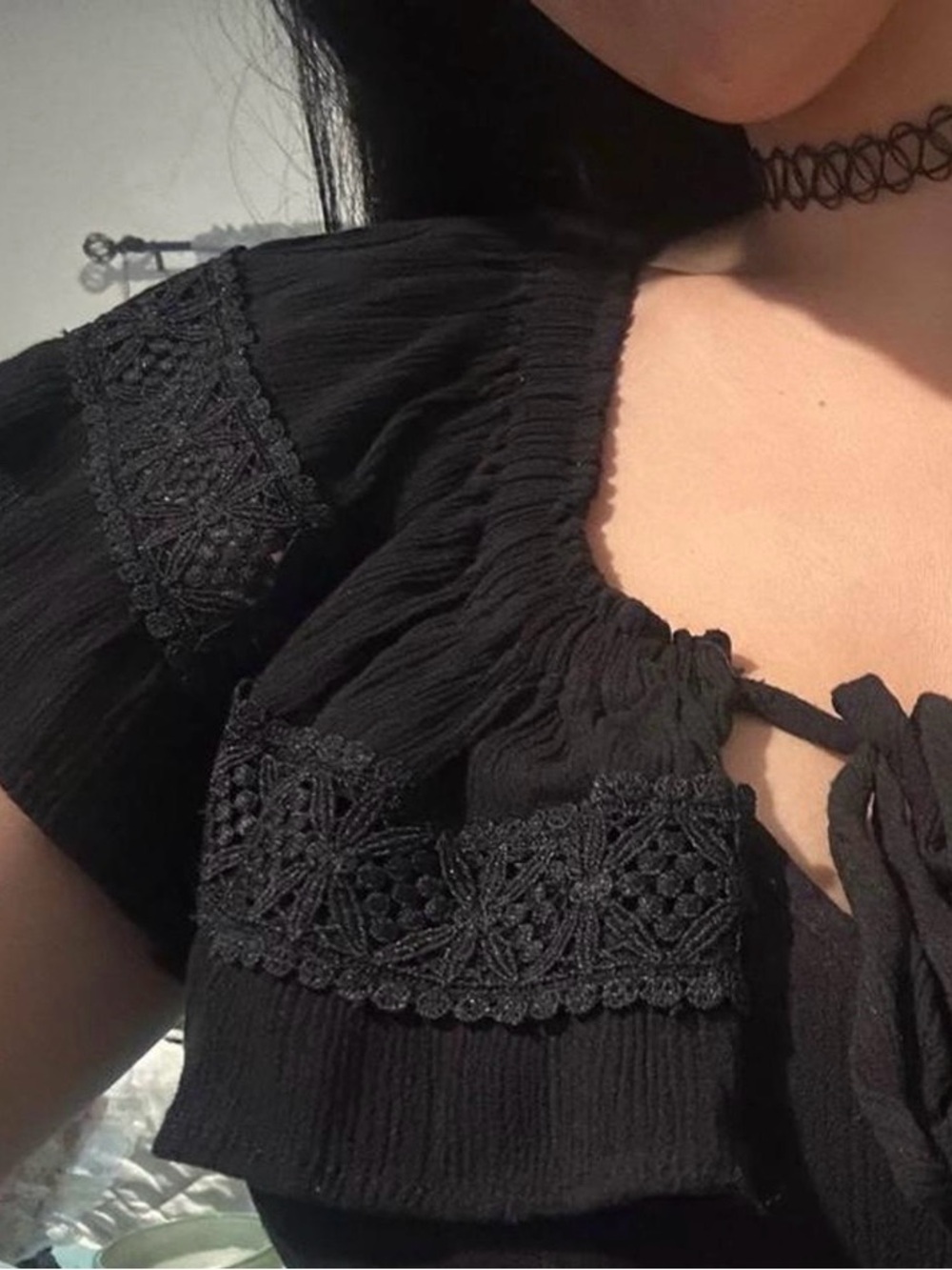 No Boundaries Black Crochet-Trim Peasant Blouse